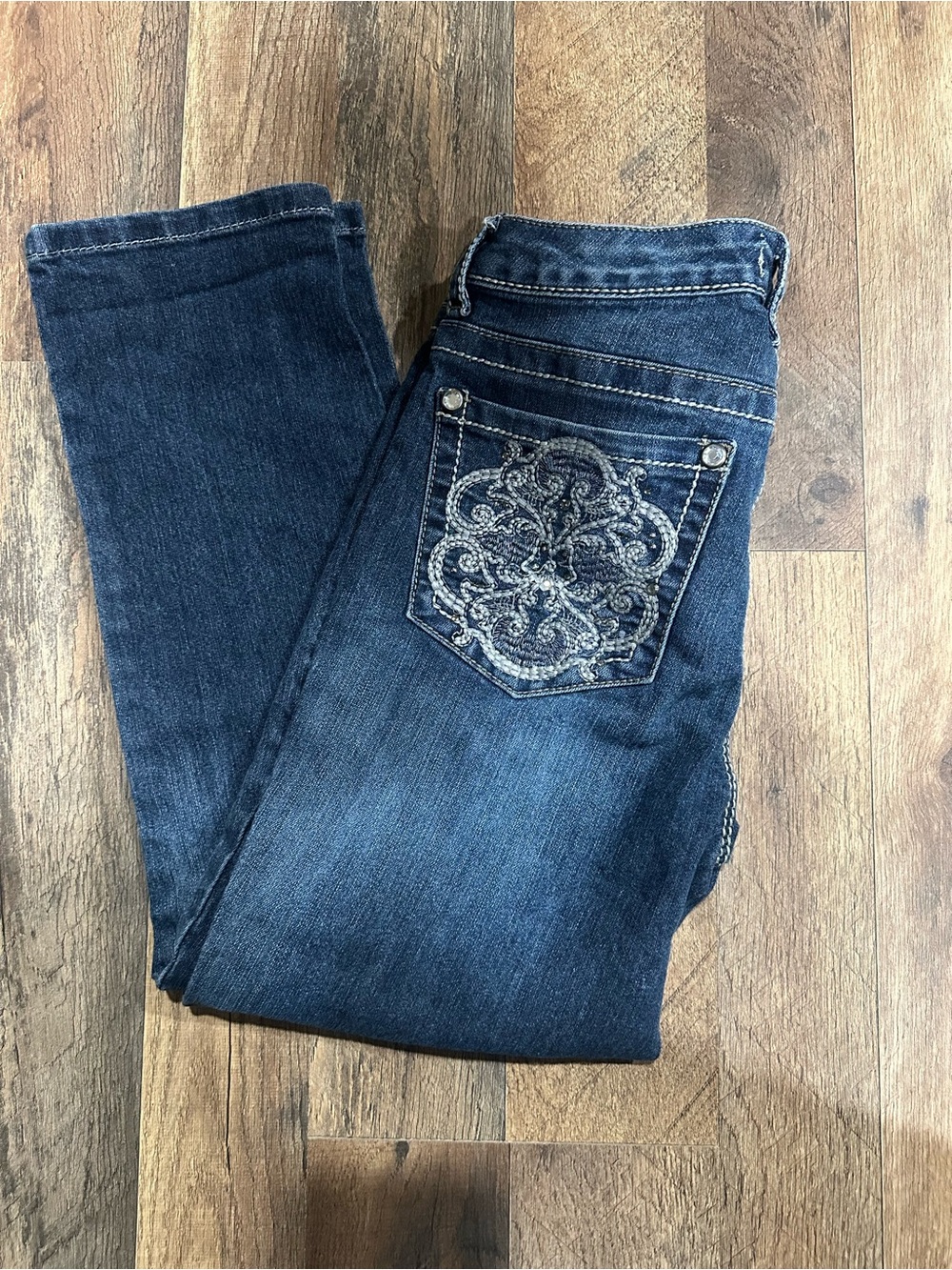 Vintage America Dark Blue Straight Leg Jeans with Embroidered Pocket